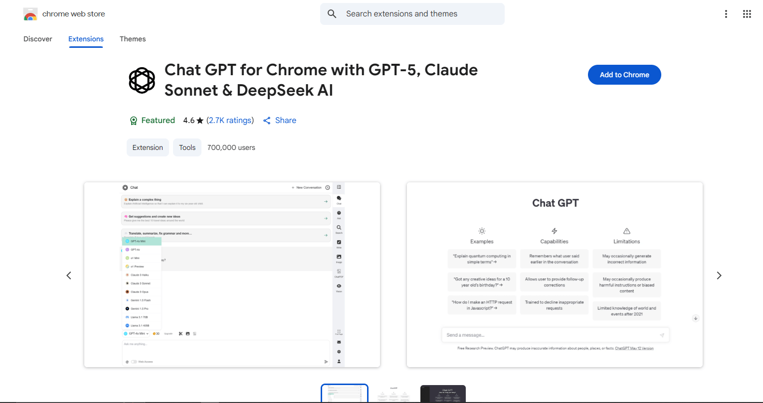 The ChatGPT for Chrome extension interface providing an AI-generated summary next to a search result