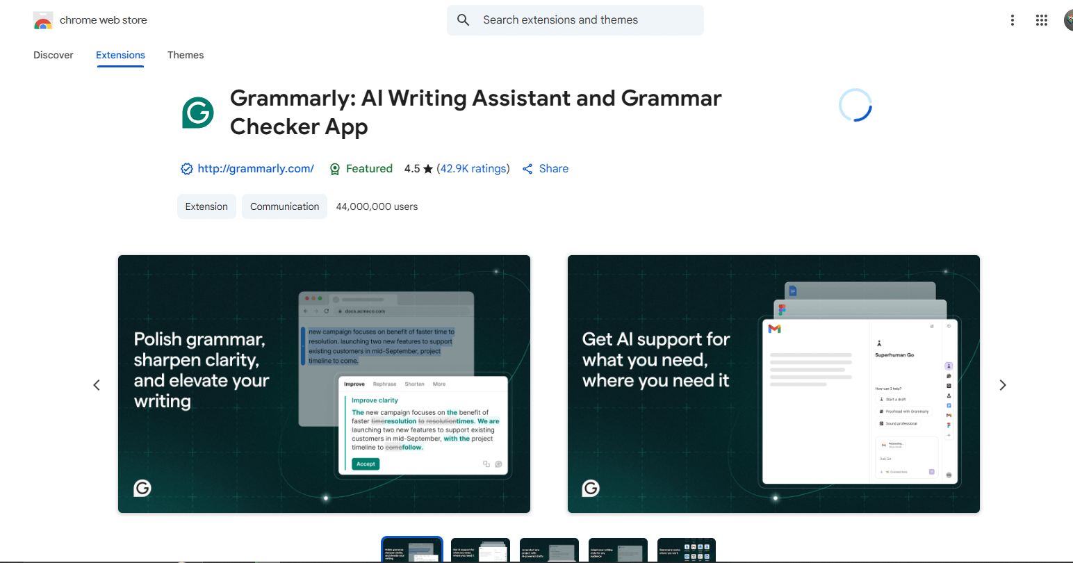 Grammarly extension providing writing suggestions and corrections on a block of text