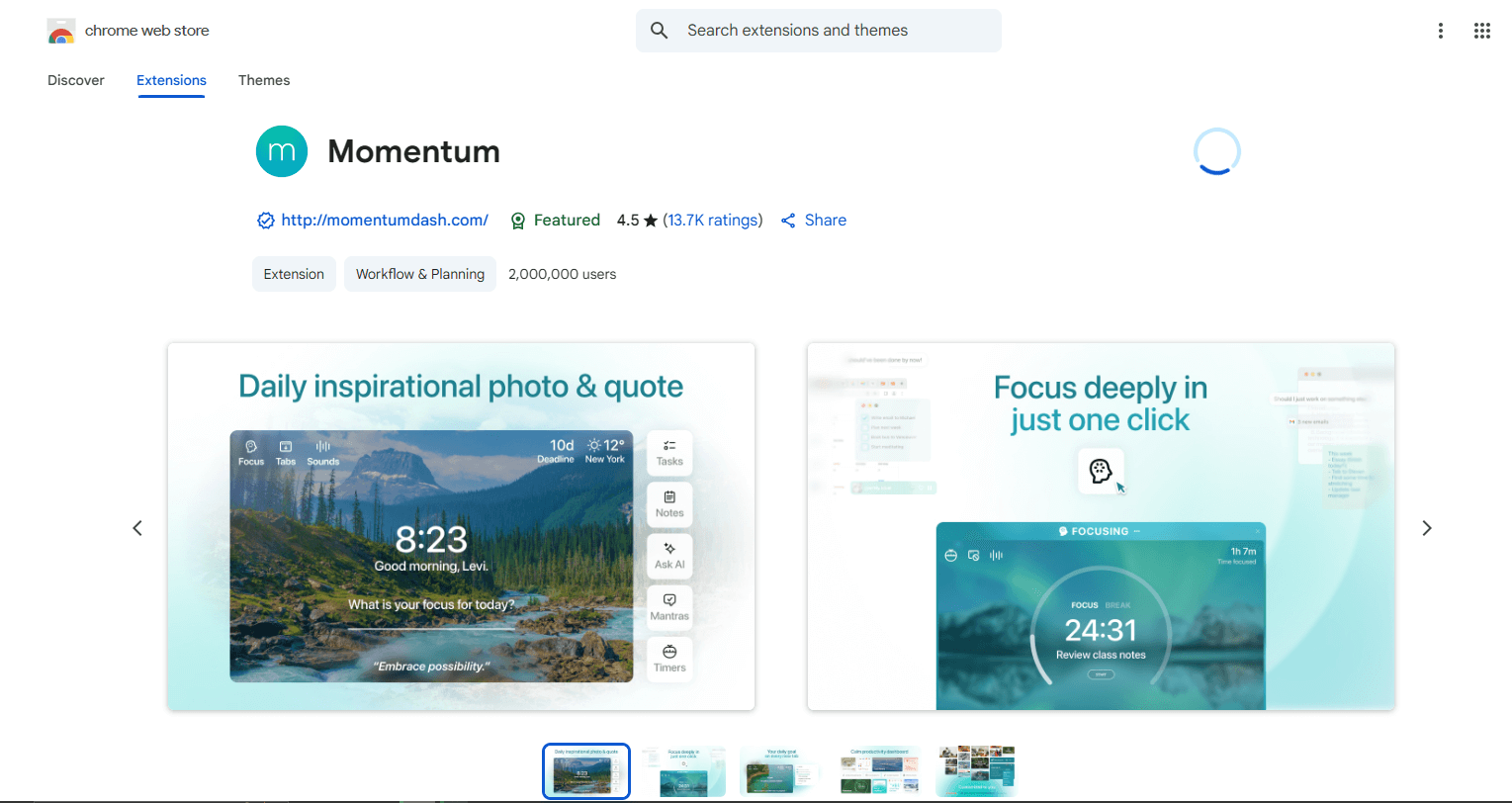 The Momentum extension dashboard showing a scenic background, a to-do list, and an inspirational quote
