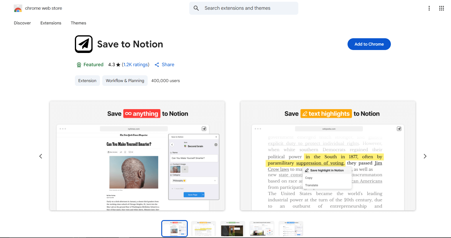 The 'Save to Notion' Chrome extension popup, allowing a user to save a webpage to their Notion workspace