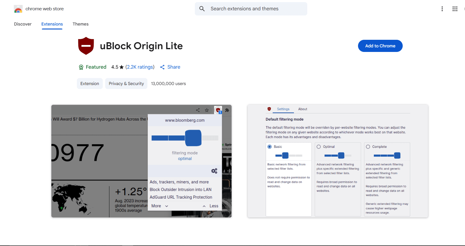 Screenshot of the uBlock Origin extension icon showing the number of ads blocked on a page